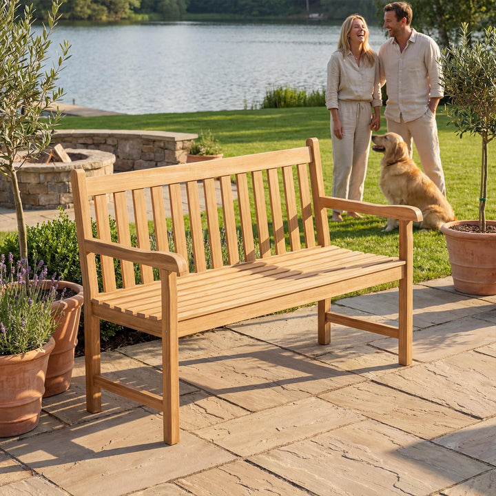 GIANTEX 51" Teak Wood 2-Person Patio Bench with Armrests
