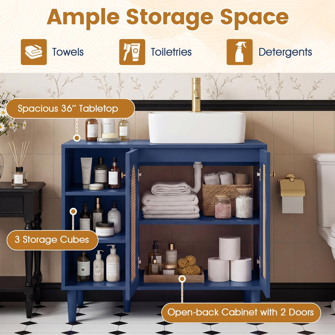 Giantex 36" Bathroom Under Sink Storage Cabinet with 2 Rattan Doors