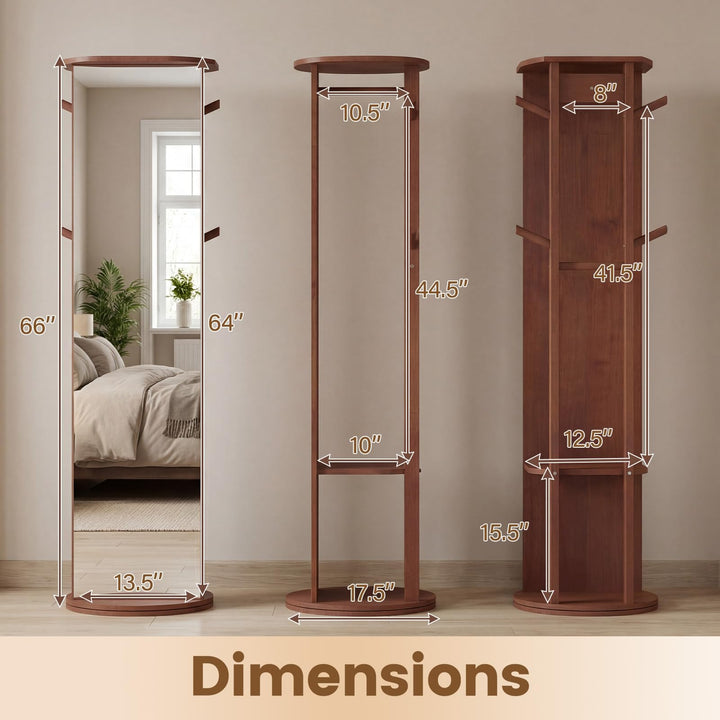 CHARMAID 66" Wood Floor Standing Mirror with 2 Clothes Rods