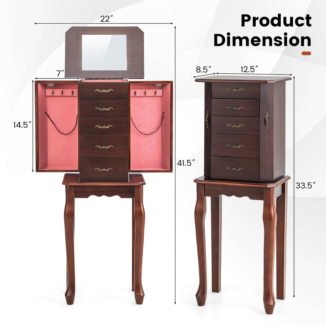 CHARMAID Standing Jewelry Organizer Cabinet with 4 Drawers, Top Storage Tray with Ring Slots, 2 Side Doors