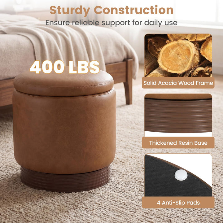 Giantex Round Ottoman with Storage 360° Swivel Faux Leather Vanity Stool