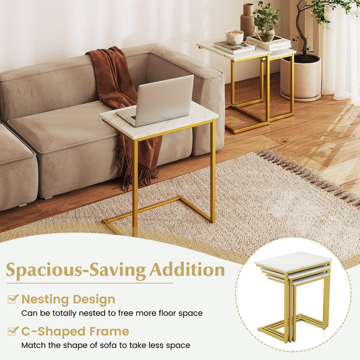 Giantex Nesting Coffee Table Set of 3 Stackable Square End Table w/Faux Marble Tabletop & Heavy-Duty Metal Frame