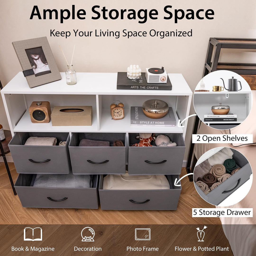 Giantex Storage Cabinet with 5 Drawers & 2 Cube Shelves, Chest of Drawers, Console Table, White & Grey