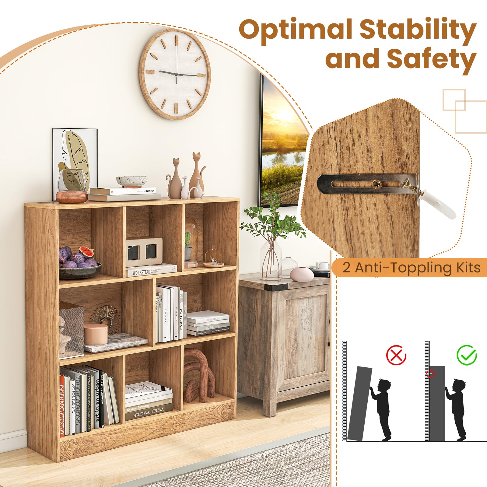 Giantex 8 Cube Bookcase, 4-Tier Freestanding Bookshelf w/ 8 Open Compartments, 2 Anti-Tipping Kits