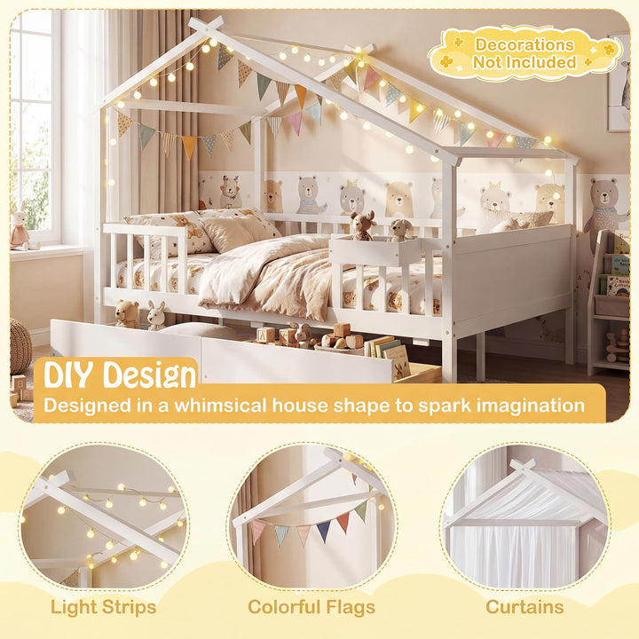 Giantex Full Size House Bed with Roof and Fence Rails for Kid