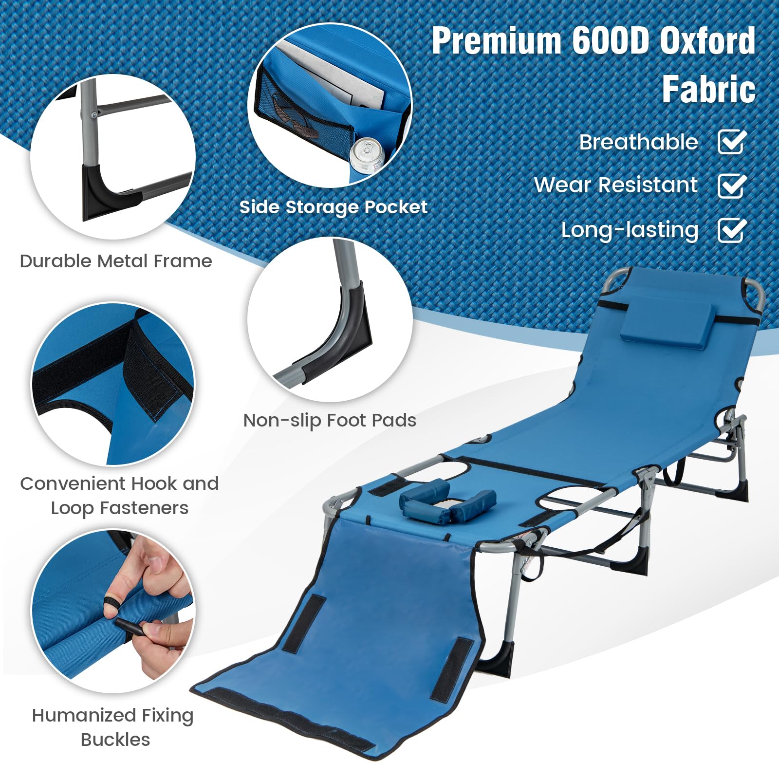 Giantex Folding Beach Tanning Chair - Outdoor Chaise Lounge Chair, 5-Position Adjustable Lounger with Face Hole
