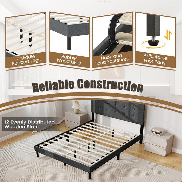 Giantex Queen Bed Frame Linen Upholstered Platform Bed with Button Tufted Headboard