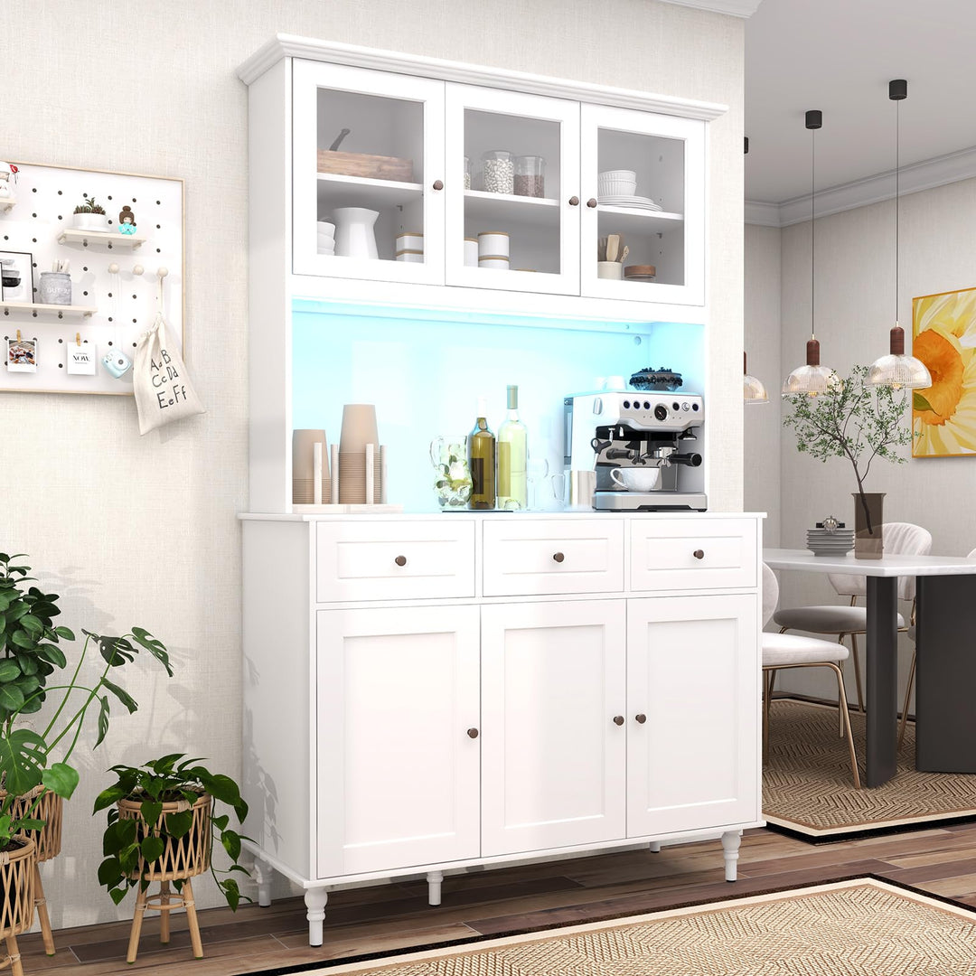 Giantex Pantry Cabinet, 77” Tall Buffet Cabinet with Hutch, LED Lights & Charging Station