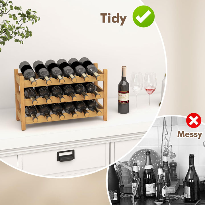 Giantex Bamboo Wine Rack, 3 Tier 18 Bottle Wine Storage Cabinet Shelf, Small Wine Rack Bottle Organizer Freestanding Counter