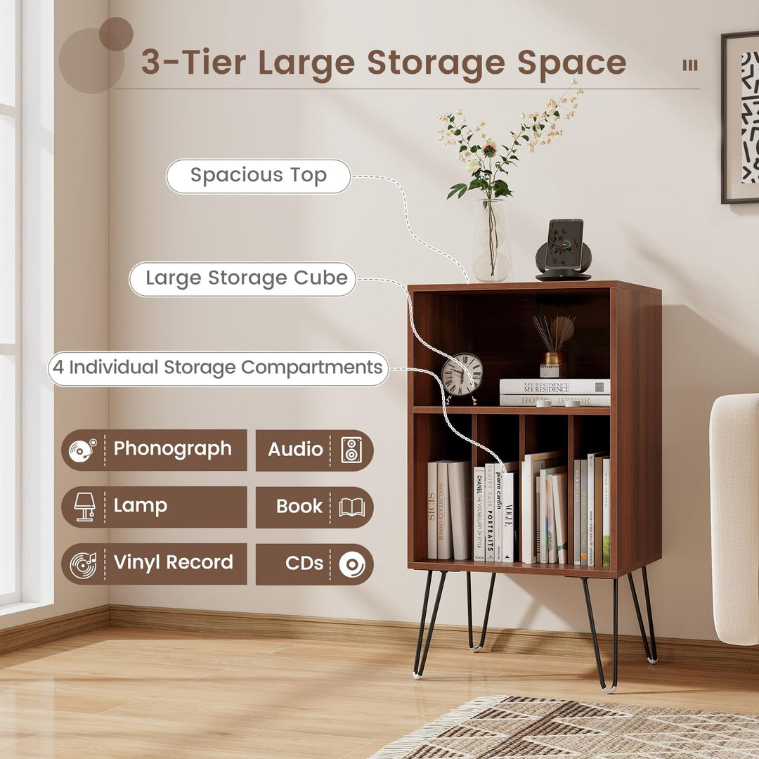 Giantex Record Player Stand with Charging Station Turntable Cabinet with Record Storage & Metal Legs
