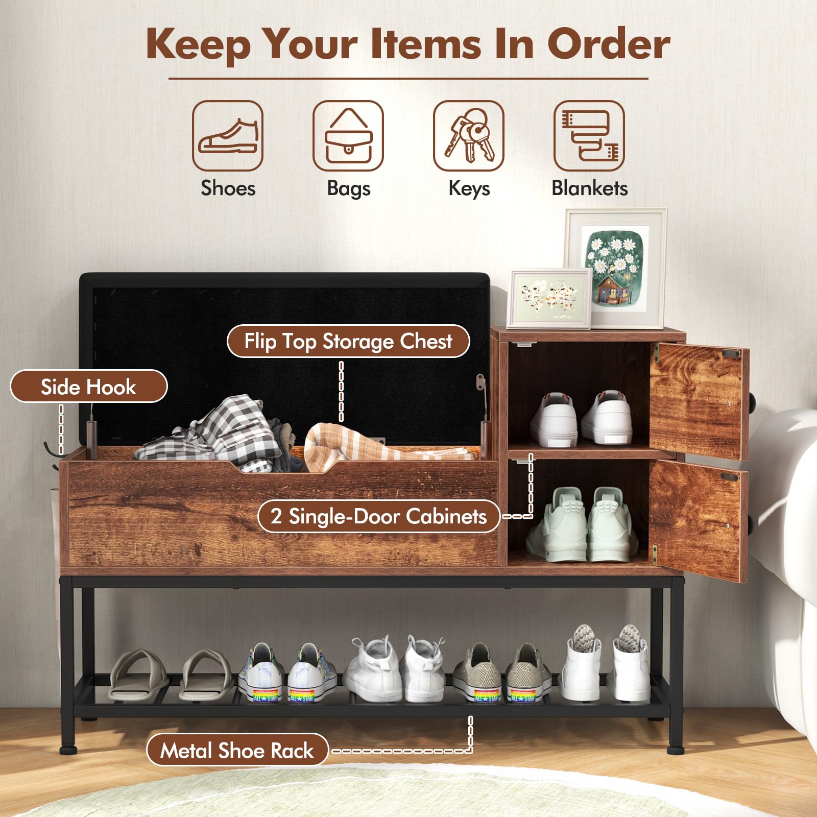 Giantex Shoe Bench with Storage - Entryway Bench with Shoe Rack, Flip Top Storage Box, 2 Door Cabinets, Padded Cushion