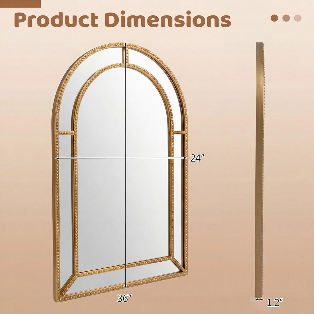 CHARMAID Gold Arched Wall Mirror with Beaded Frame for Bathroom Entryway