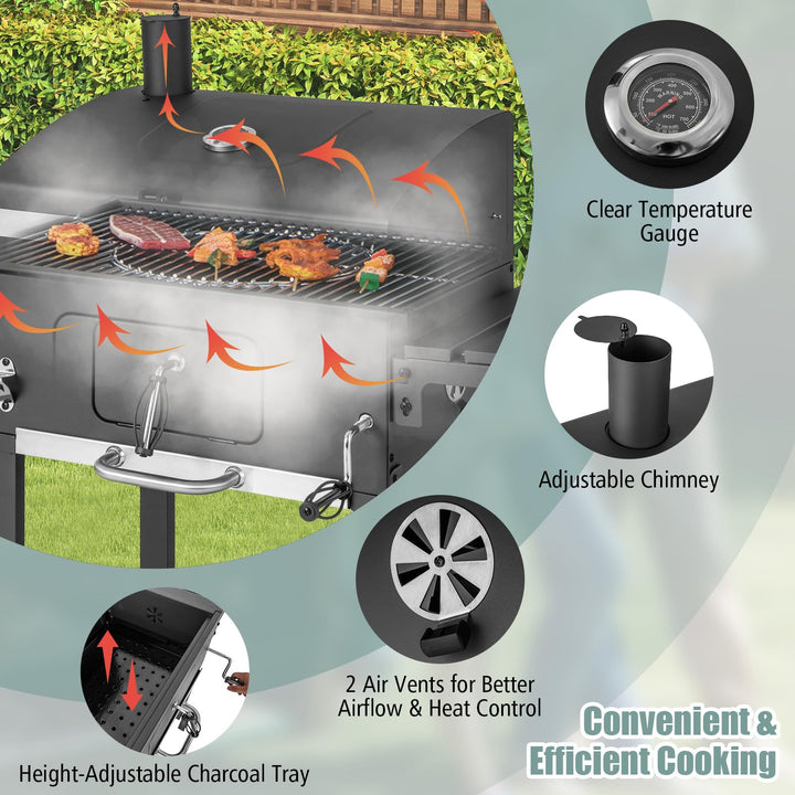 Giantex 24-Inch Charcoal Grill - 2 Foldable Side Tables, Bottom Storage Shelf, 8 Hooks, Adjustable Charcoal Tray