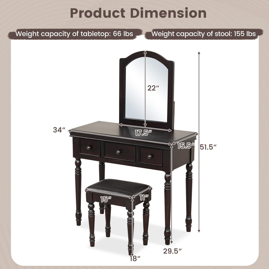 CHARMAID Makeup Vanity Desk with Mirror and Stool, Vanity Table Set with Large Mirror, 3 Drawers, Cushioned Stool
