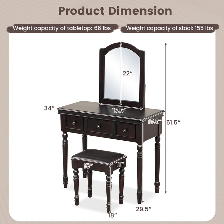 CHARMAID Makeup Vanity Desk with Mirror and Stool, Vanity Table Set with Large Mirror, 3 Drawers, Cushioned Stool