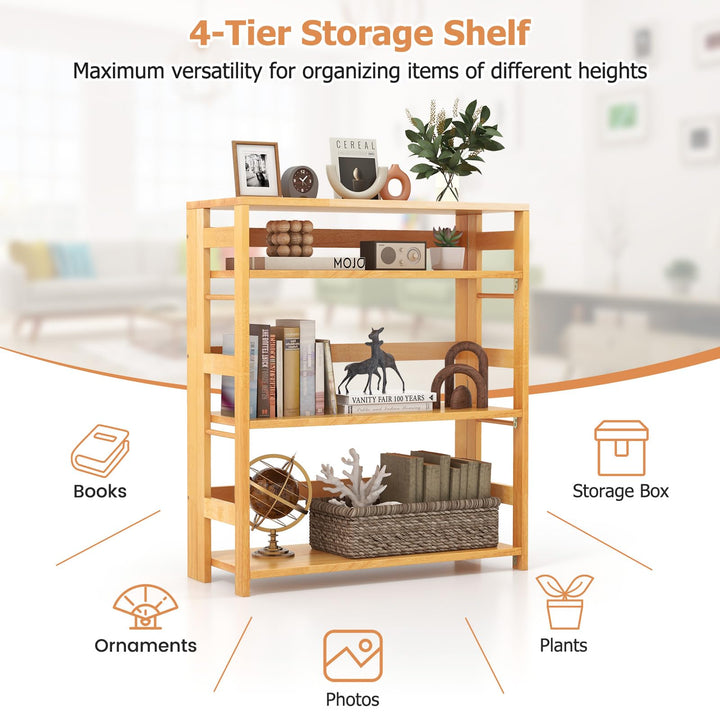 Giantex 4-Tier Bookshelf, 34.5" Floor Storage Shelf w/Rubber Wood Frame, Anti-Toppling Kits, Side Fences