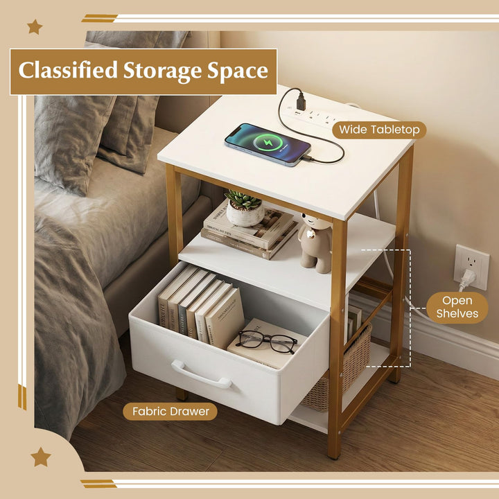 Giantex Nightstand with Charging Station and Adjustable Fabric Drawer for Bedroom and Living Room