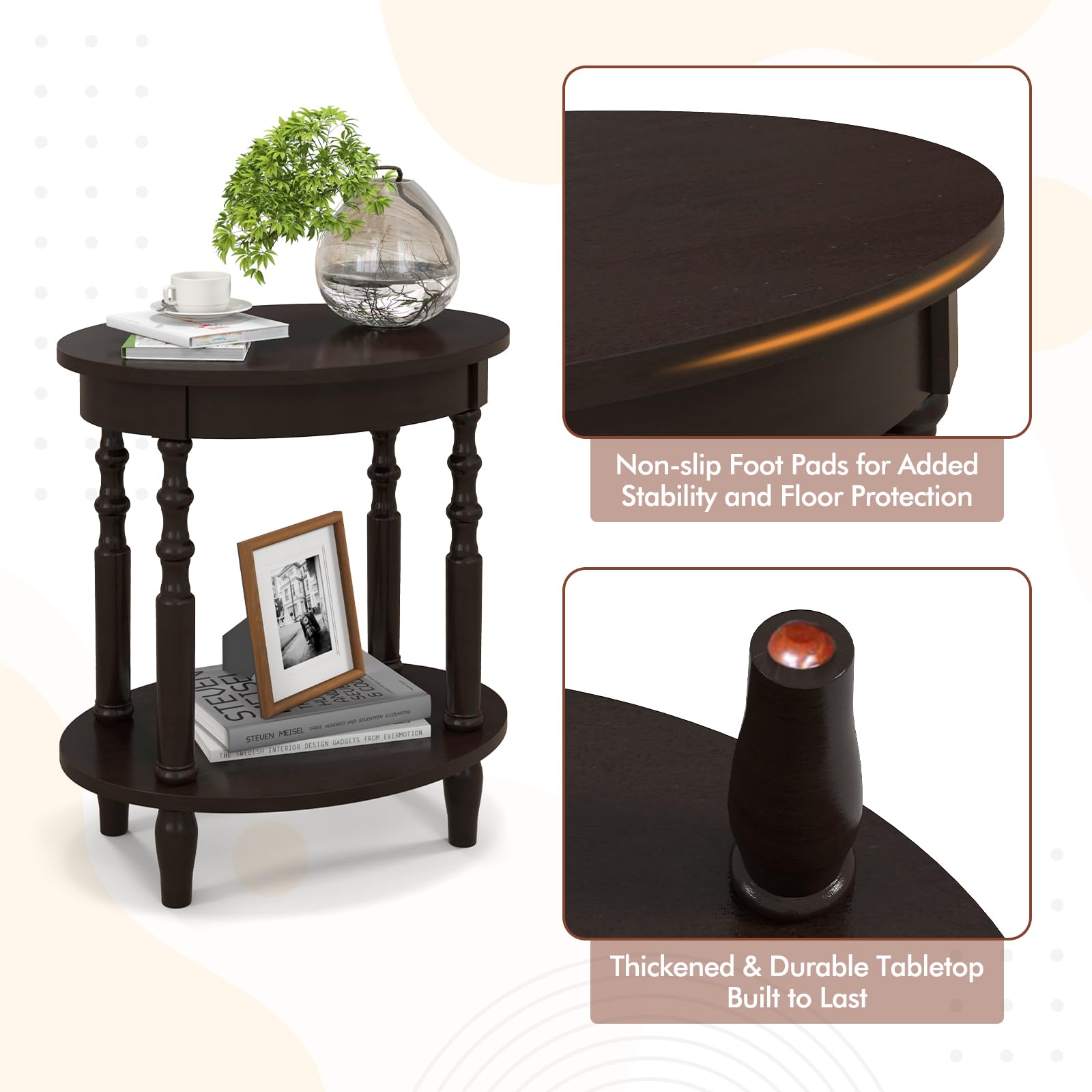 Giantex End Table with Storage Shelf Set of 2, 24.5" Oval Round Side Table with Solid Wood Legs