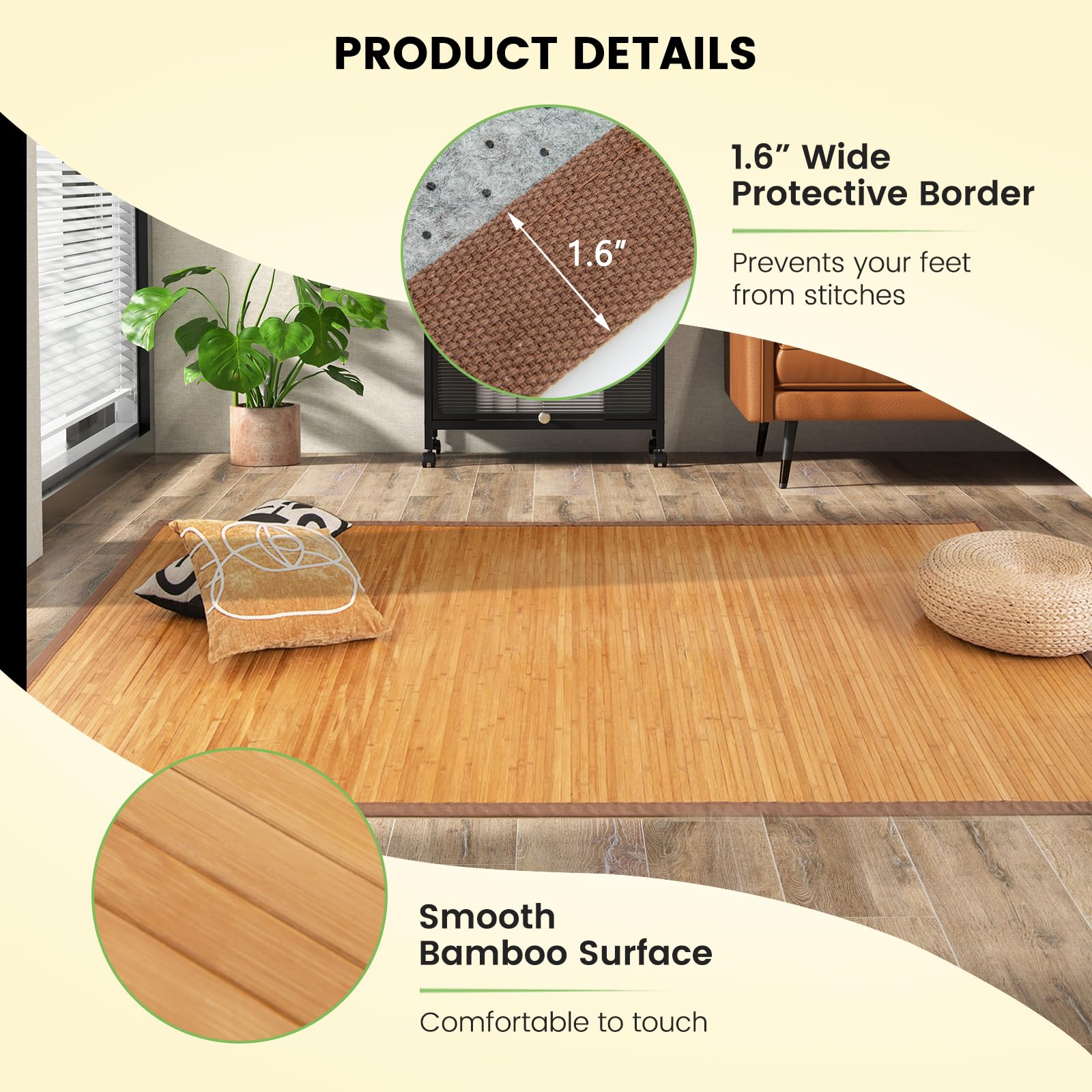 Giantex 5’ x 8’ Bamboo Area Rugs - Floor Mat with Anti-Slip Backing, Durable Roll-up Floor Rug, 60” x 96” Indoor Mat Rug