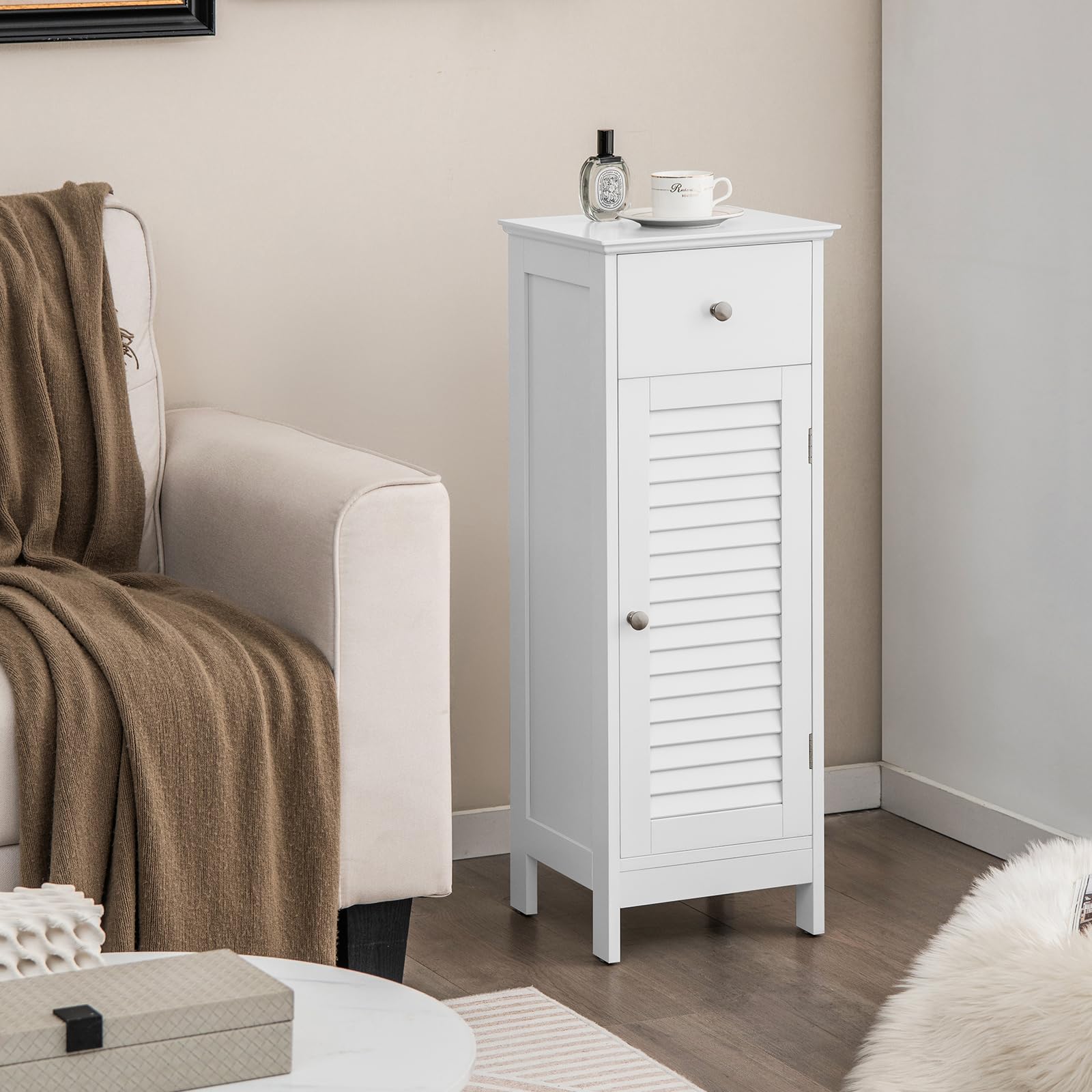 Giantex Bathroom Floor Storage Cabinet - Freestanding Side Cabinet with 1 Door, 1 Drawer & 3-Height Adjustable Shelf