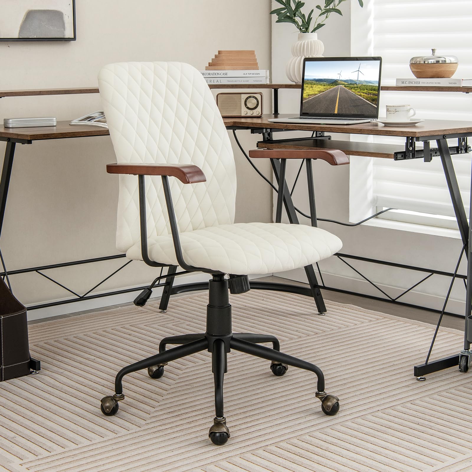 Giantex Velvet Home Office Desk Chair, Adjustable Swivel Task Chair, Vintage Mid-Back Leisure Chair
