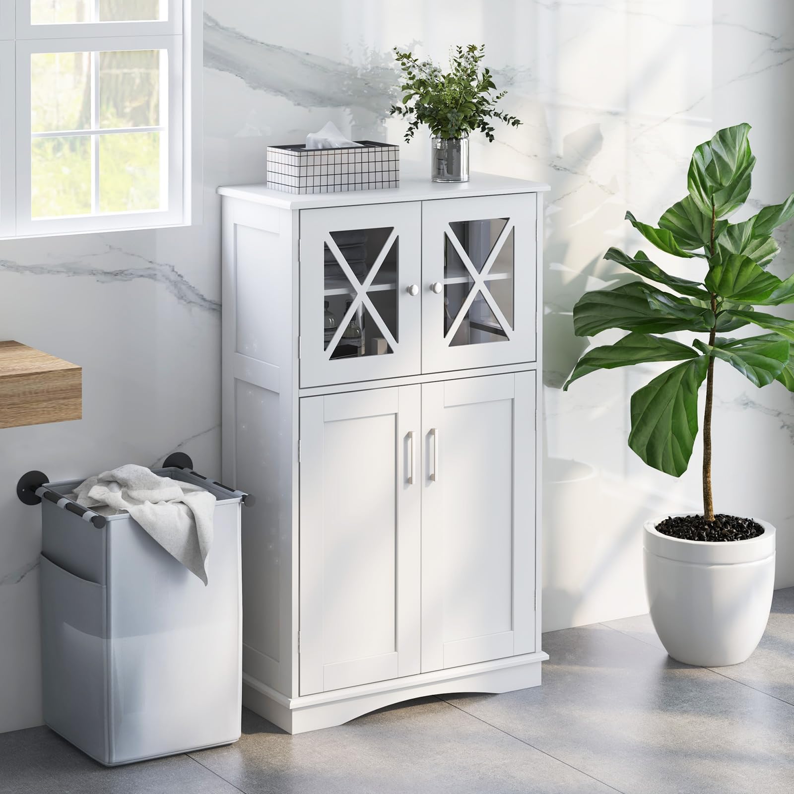 Giantex Bathroom Floor Storage Cabinet - Linen Floor Cabinet with Doors and Adjustable Shelves