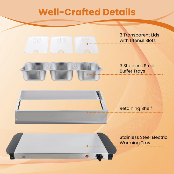 Giantex Electric Buffet Server & Warming Tray 3 Stainless Steel Pans with Lids