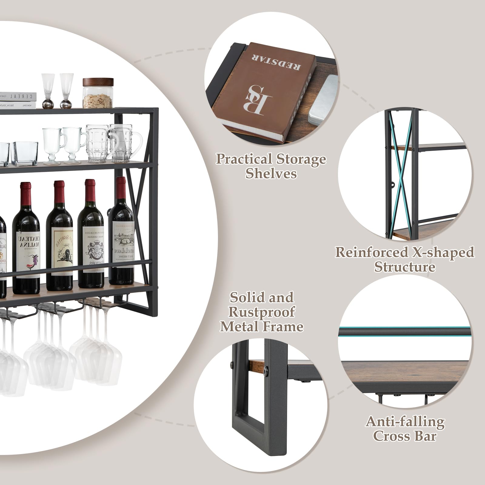 Giantex Industrial Wall-Mounted Wine Rack, 3 Tiers Metal Hanging Wine Shelf with Glass Holder