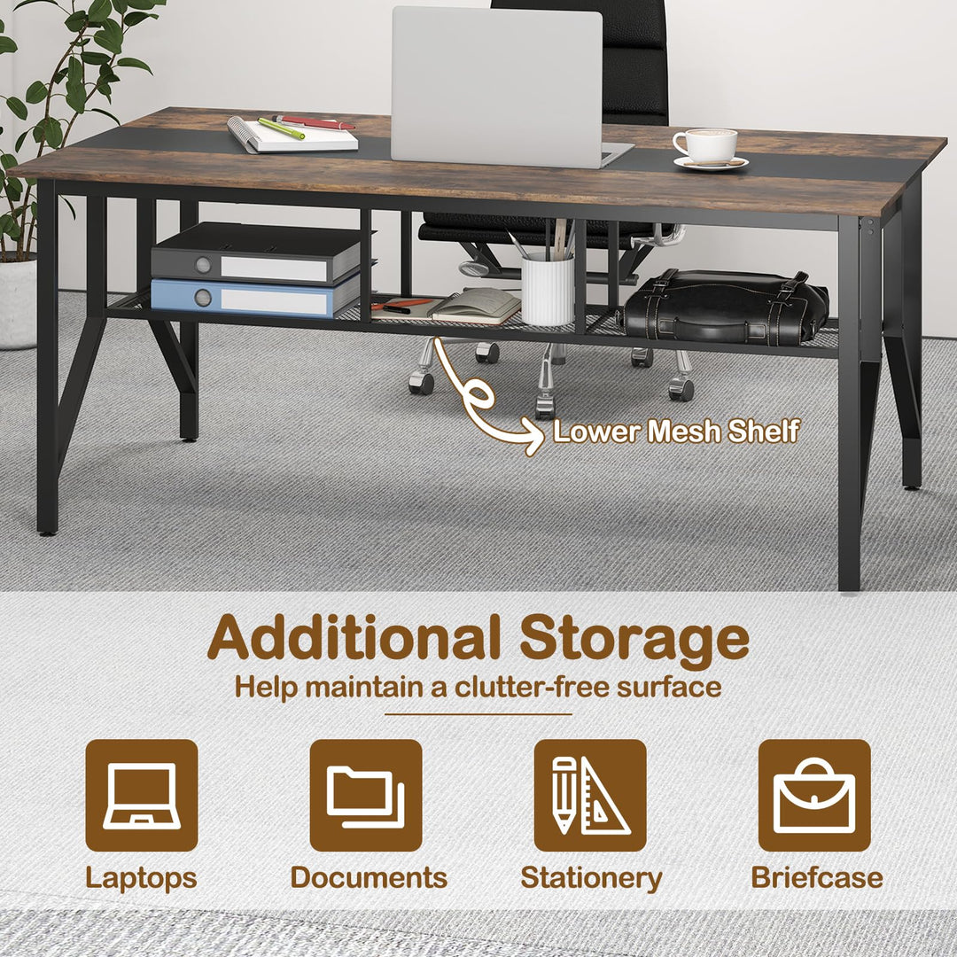 Giantex Rectangular Meeting Table with Mesh Storage Shelf and Cable Grommet