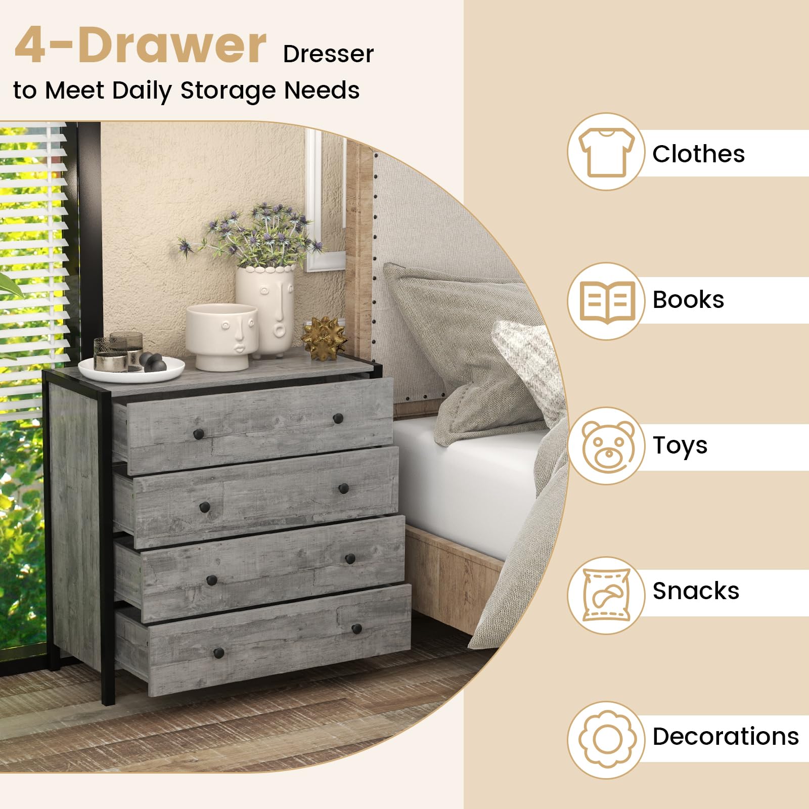Giantex Dresser for Bedroom with 4 Storage Drawers - Modern Chest of Drawers