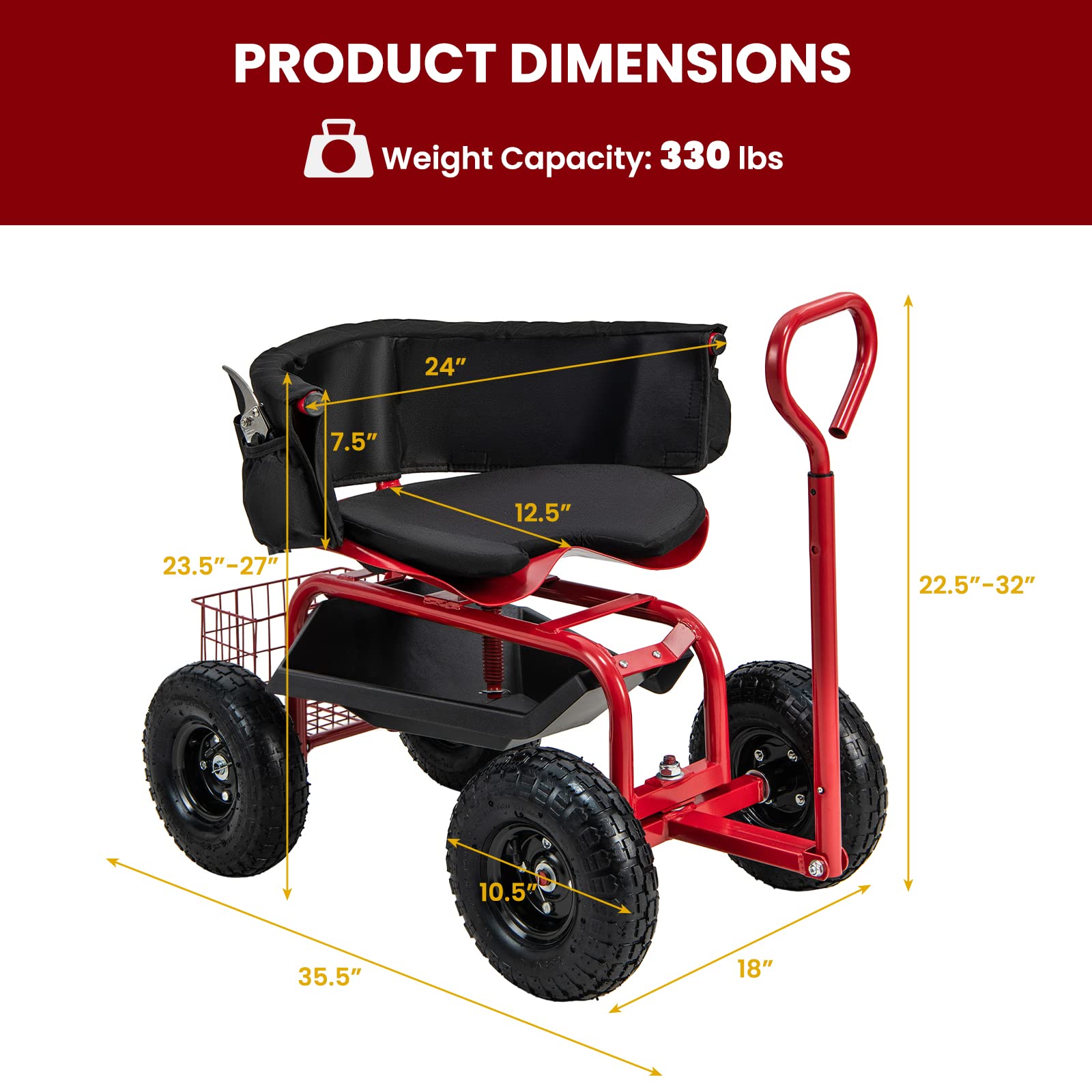 Giantex Rolling Garden Cart, 360 Swivel Workseat with 4 Wheels, Removal Cushion & Tool Tray, Storage Basket