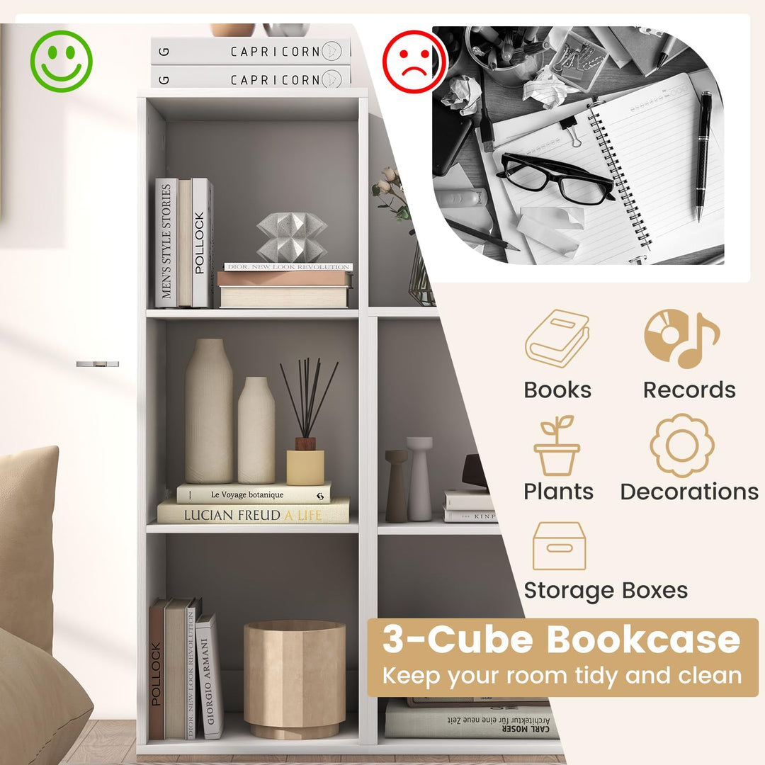 Giantex 3-Cube Bookcase, White Cubby Bookshelf w/Back Guardrail & Anti-Tipping Kits