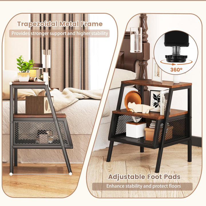 Giantex Industrial Nightstand 3-Tier End Table with 2 Open Shelves and Metal Mesh Compartment