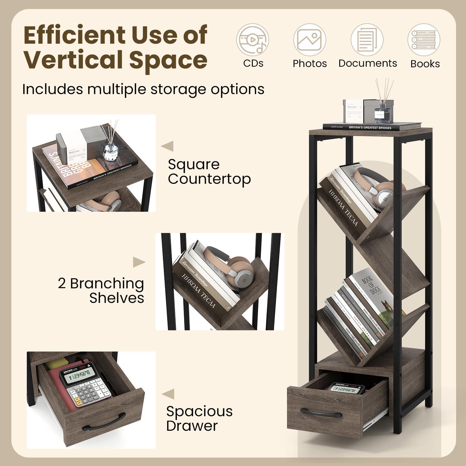Giantex Tree Bookshelf with Drawer, 4-Tier Narrow Bookcase with Metal Frame, Tall Floor Standing Storage Organizer for Small Space