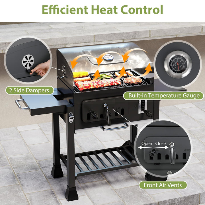 Giantex 24" Charcoal BBQ Grill with Adjustable Charcoal Tray Thermometer Foldable Side Tables