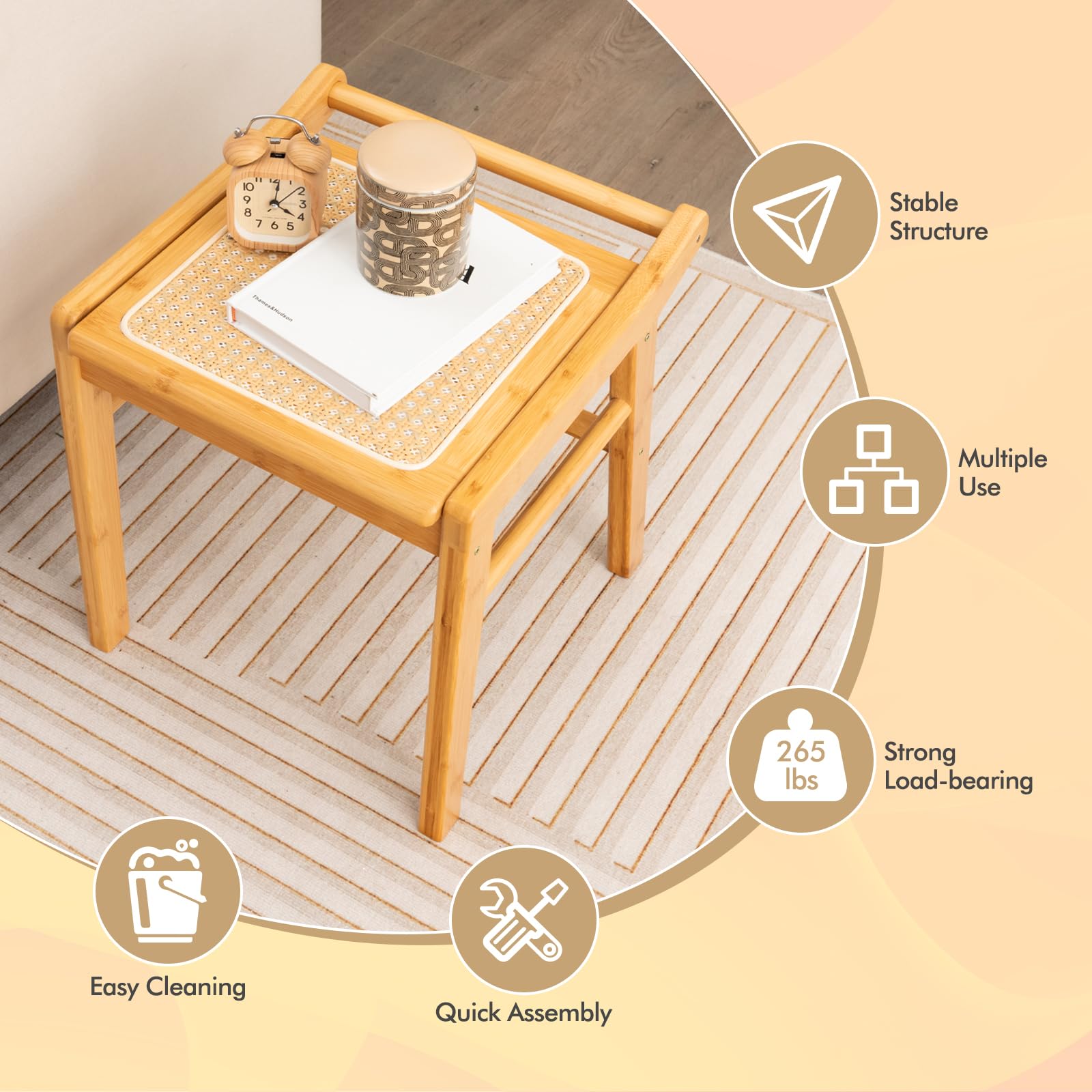 CHARMAID Vanity Stool, Bamboo Ottoman Foot Rest with Rattan Seat, Anti-Slip Foot Pads