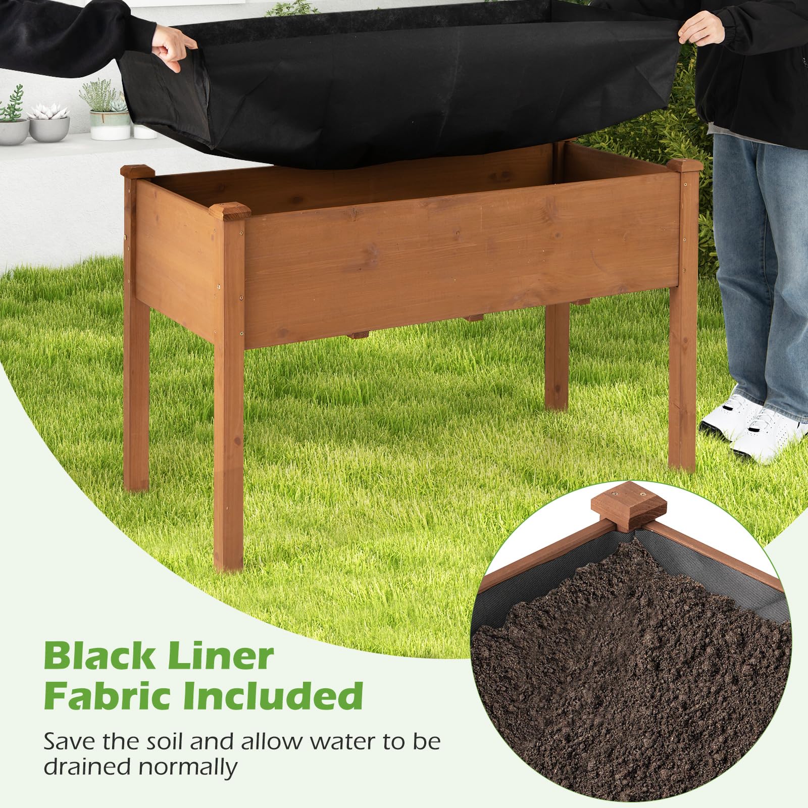 49" L x 23 W x 30 H Elevated Wood Planter Box with Protective Liner and Drain Hole