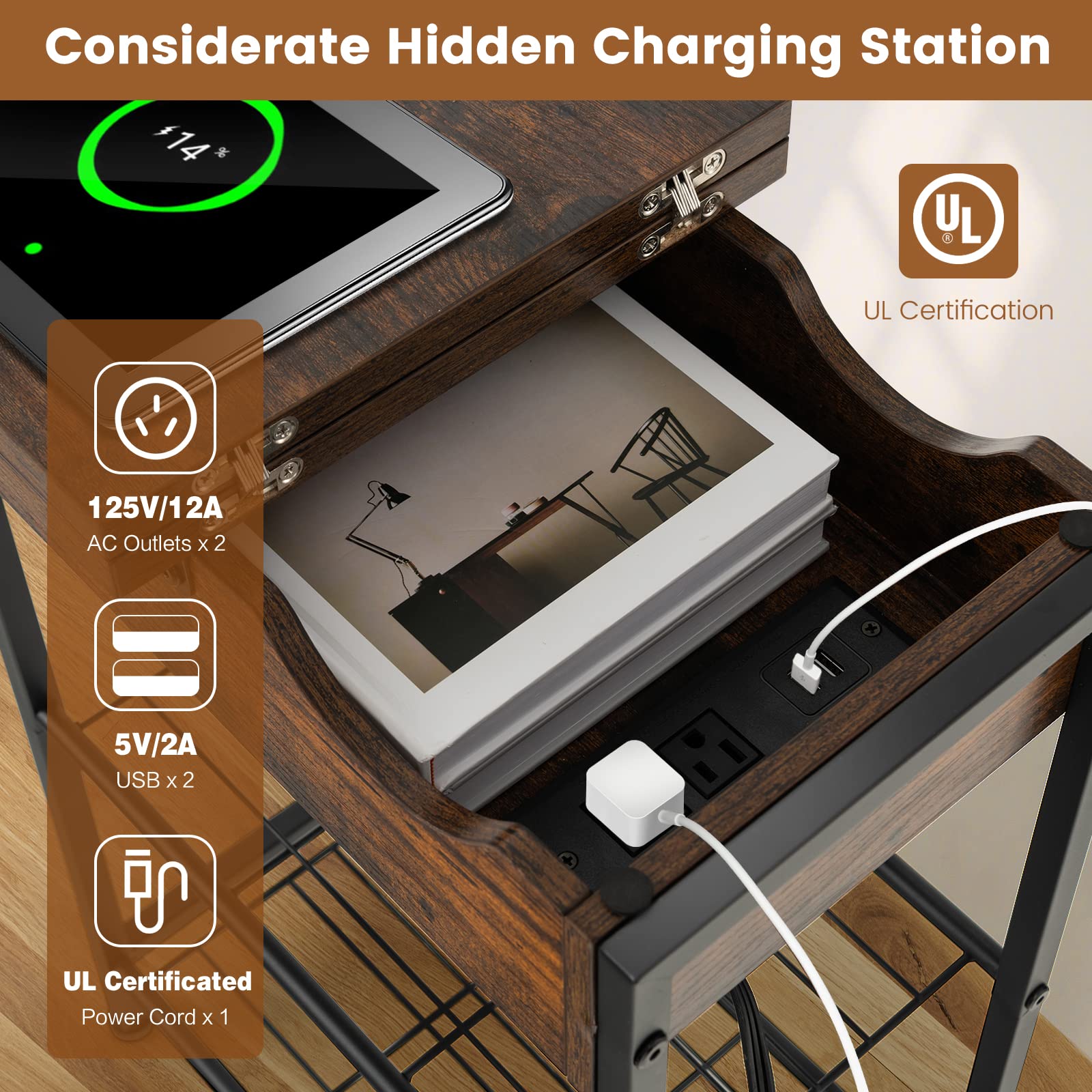 Giantex Side End Table for Small Space, Nightstand with Charging Station, 2 AC Outlets, 2 USB Ports & Adjustable Pads