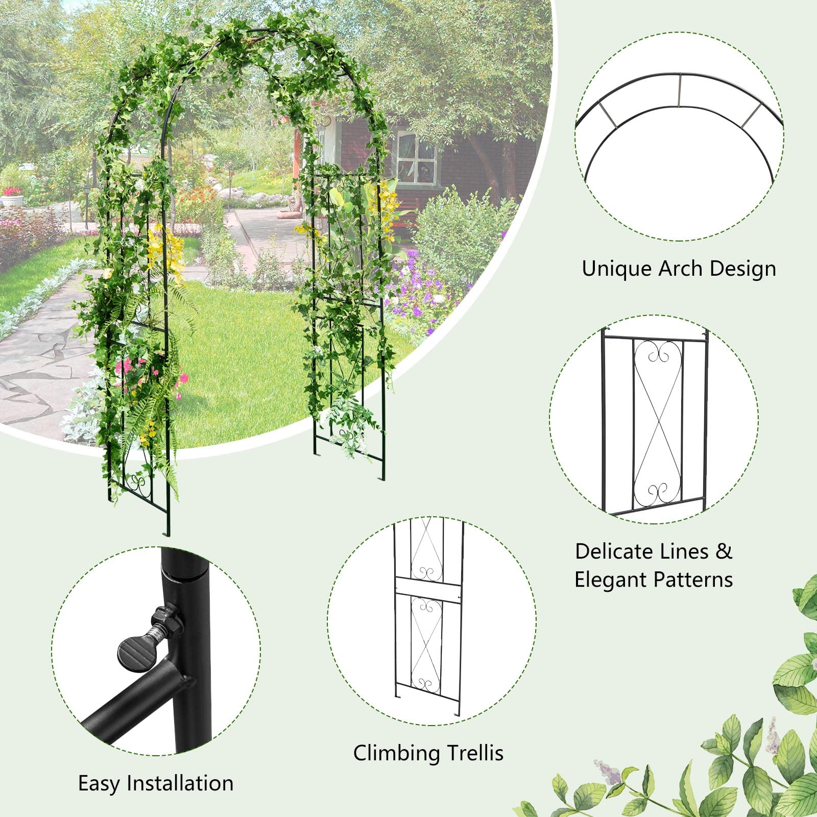 Giantex Garden Arbors Trellises, 7.2FT Metal Garden Arch for Climbing Plants Roses