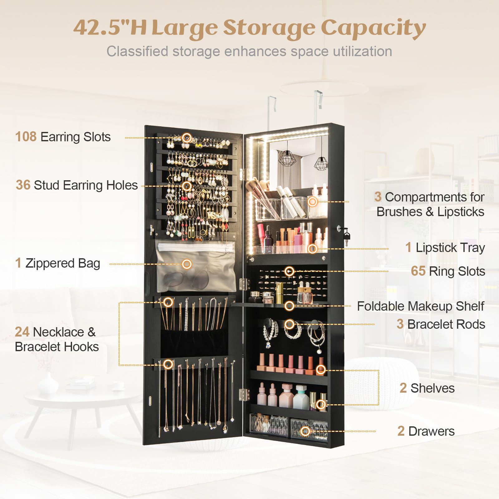 CHARMAID Mirror Jewelry Cabinet, Wall Mounted Door Hanging, Lockable Jewelry Armoire with Full Length Mirror