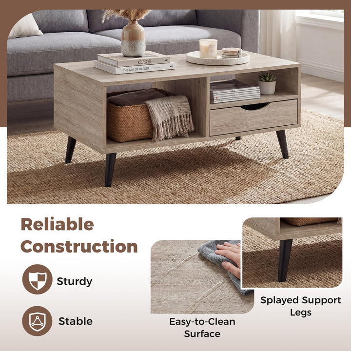 Giantex Wood Coffee Table with Storage Drawer 36.5 Inch Rustic Center Table
