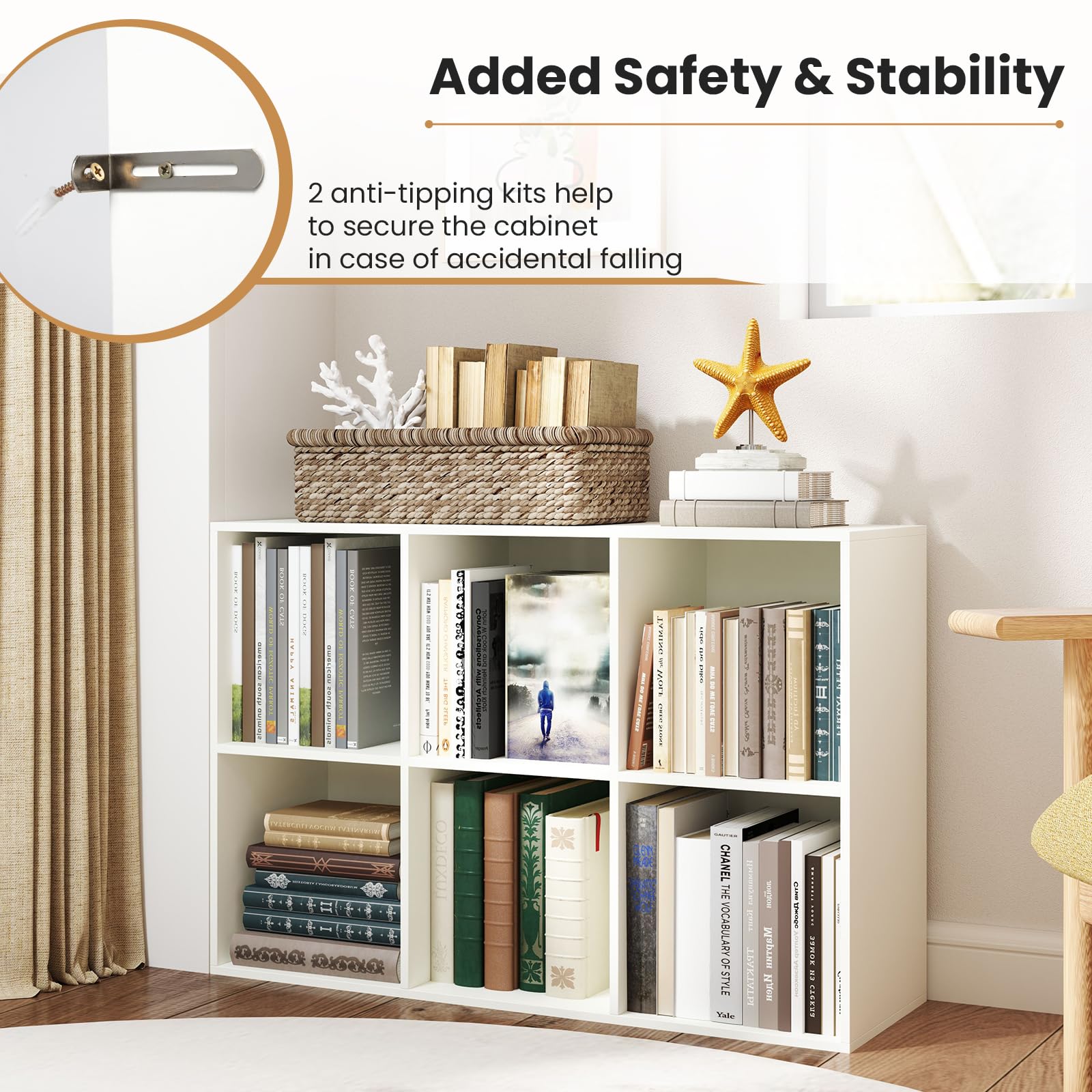 Giantex 6-Cube Bookcase, 3-Tier Cubby Bookshelf, Horizontal Vertical Display Rack with Anti-Tipping Kits