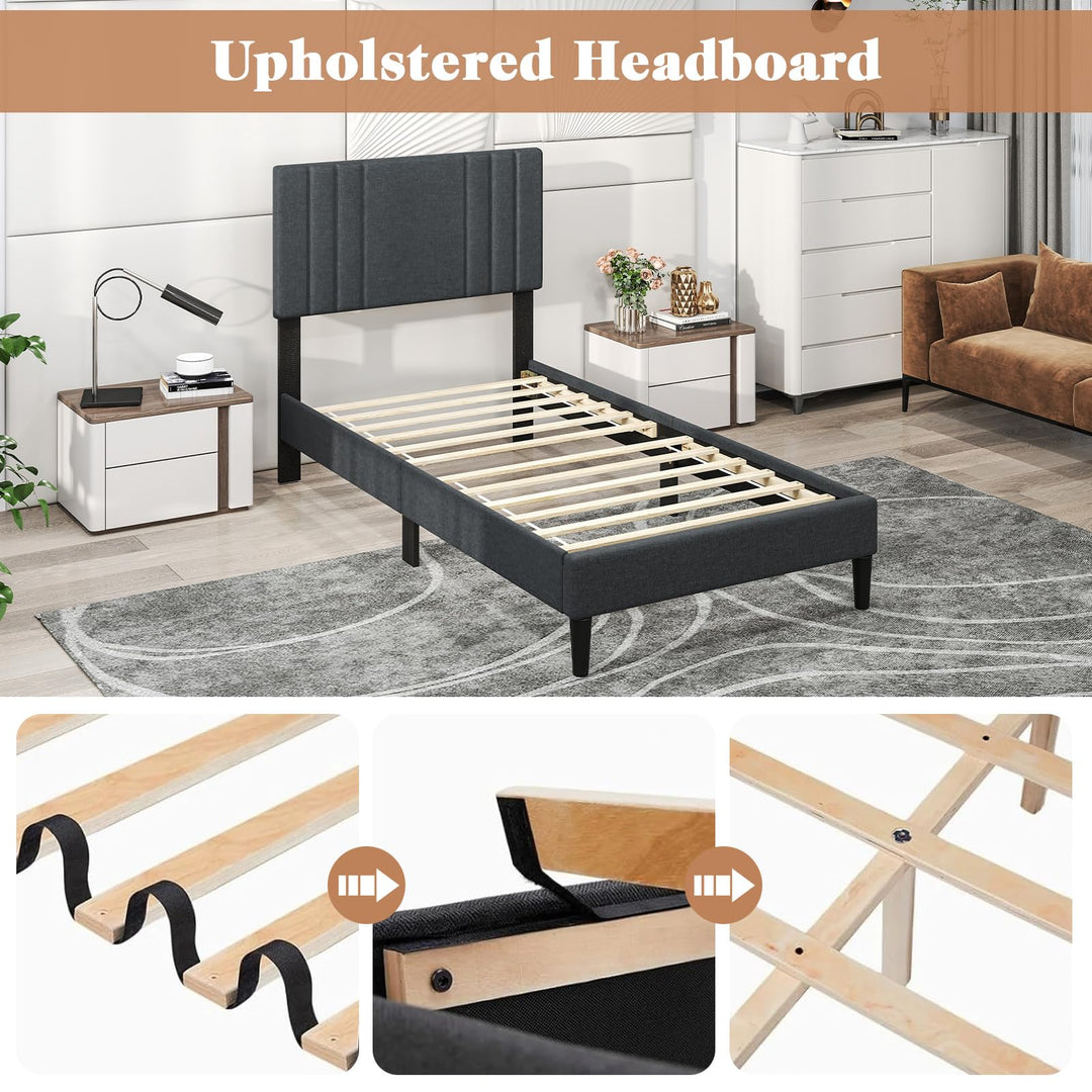 Giantex Modern Upholstered Platform Bed Frame with Vertical Channel Tufted Headboard