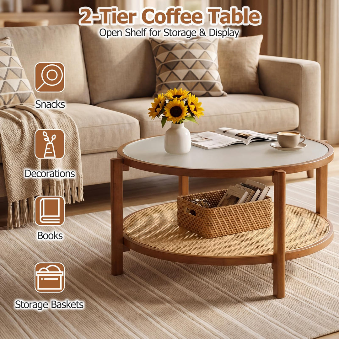 Giantex 35" Rattan Farmhouse Glass Center Table with Storage