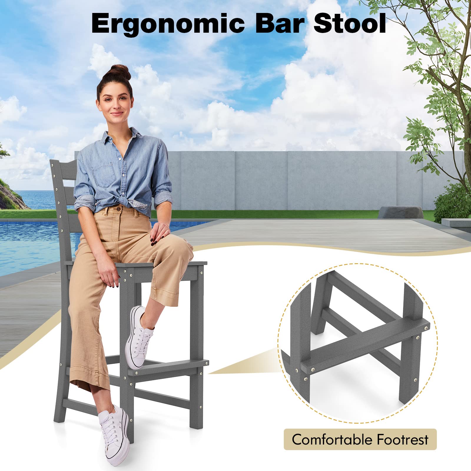 Giantex Outdoor HDPE Bar Stool, Patio Tall Bar Chair with Backrest and Footrest, 30 Inches Counter Height Barstools