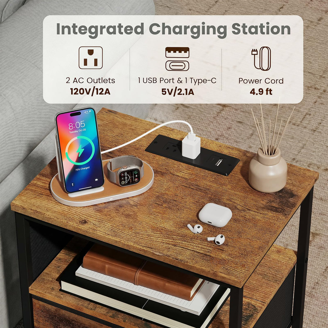 GIANTEX 24.5" Nightstand with Charging Station &amp; 1 Fabric Drawer (1/2)