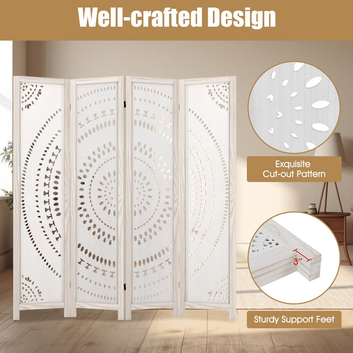 Giantex Room Divider 4 Panels - 66'' Boho Room Dividers with Carved Pattern & Solid Wood Frame