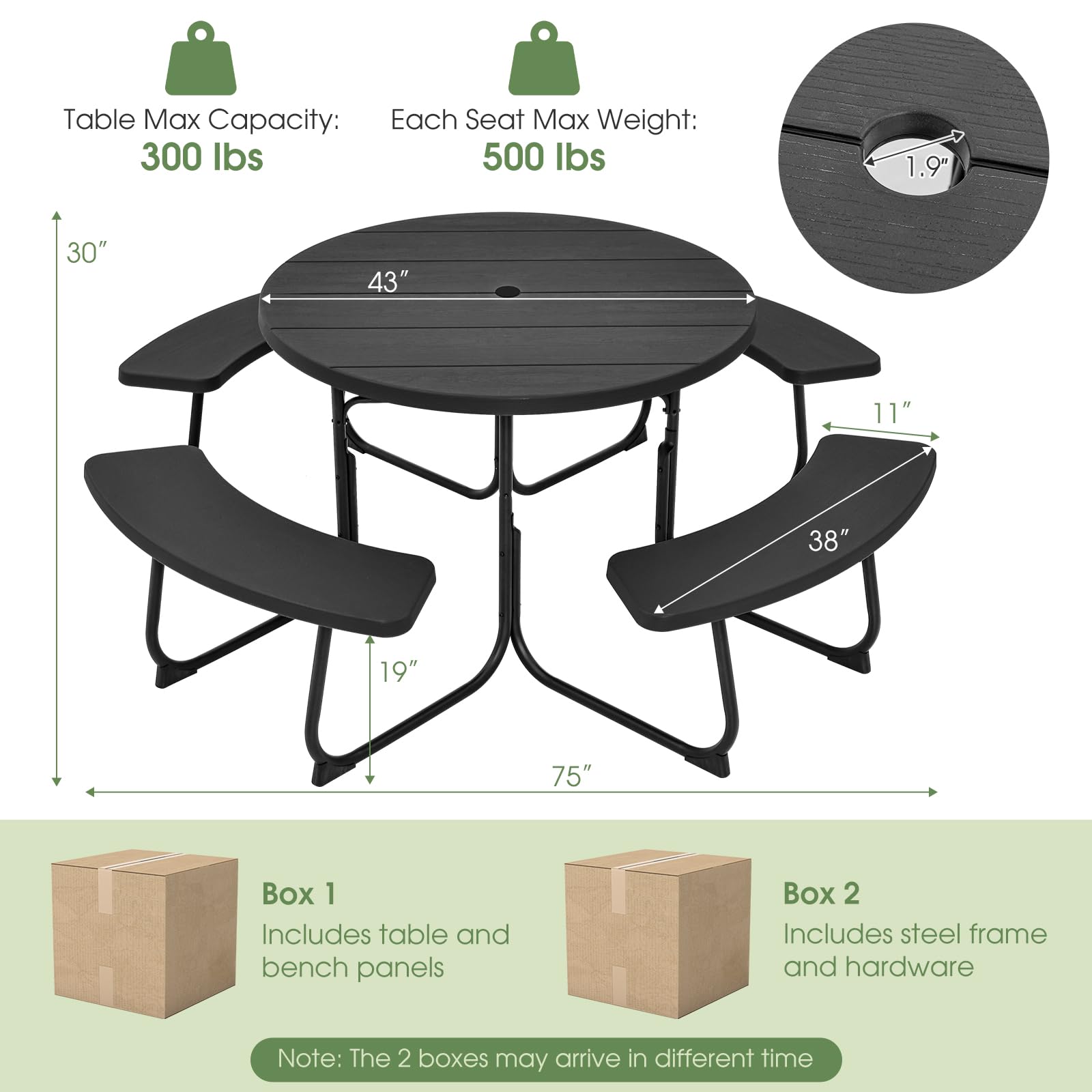 Giantex Picnic Table Set for Up to 8 Persons, Round Outdoor Table and Bench Set with Umbrella Hole