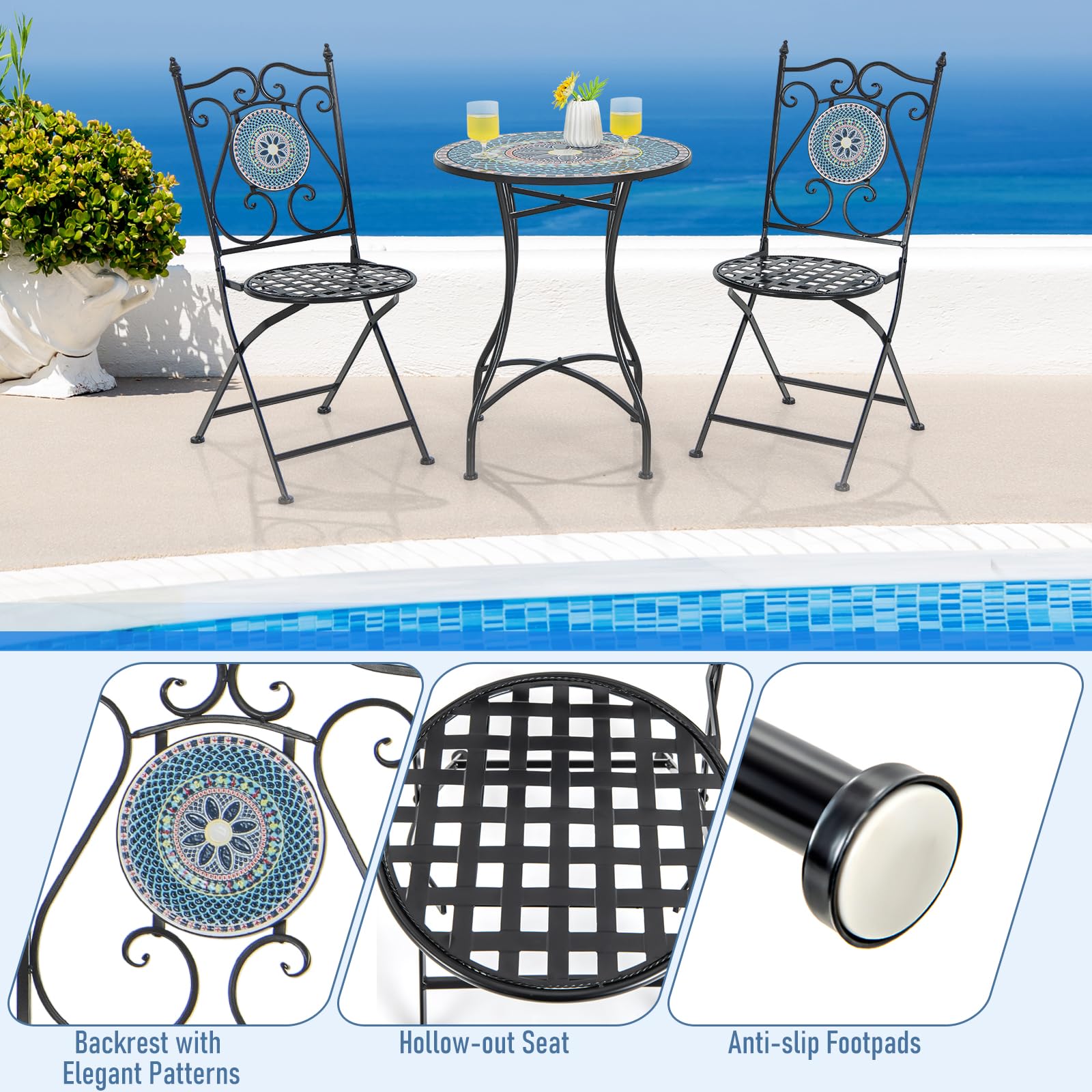 Giantex Patio Folding Chairs, Mosaic Bistro Chairs w/Backrest & Round Seat for Porch Balcony Lawn