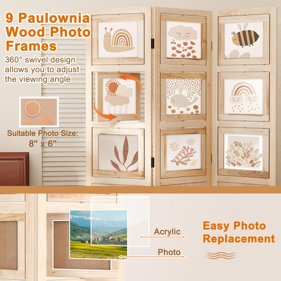 Giantex 3 Panel Room Divider with 9 Rotating Picture Frames